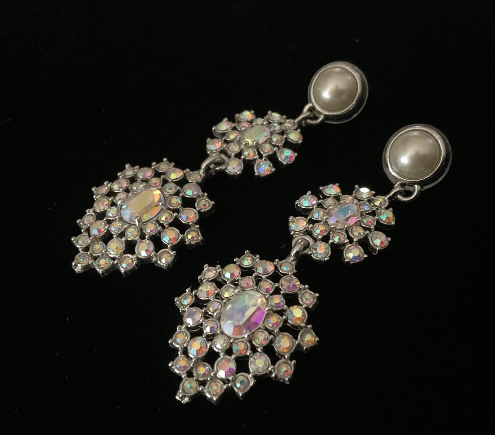 Aurora Borealis Rhinestone Drop Dangle Post Earrings Statement Snowflake Shimmer