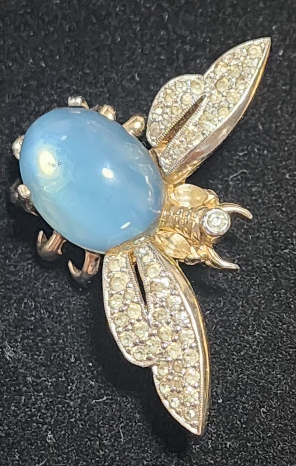 Jomaz Signed Vtg Lt Blue Jelly Belly Cabachon Rhinestone Pave Insect Brooch C857