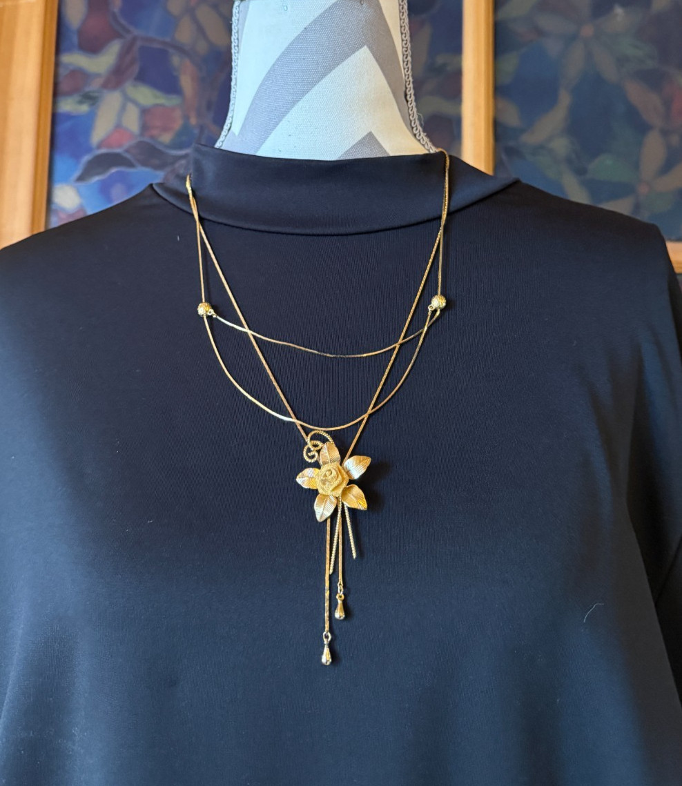 2pc Vintage 14K Gold Overlay 3D Mesh Flower Bolo Necklace & Adjustable Slider