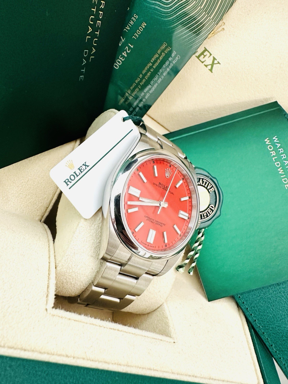 Men’s Rolex Oyster Perpetua1 41mm Ref 124300 Factory Coral Red Dial ~Box & Paper
