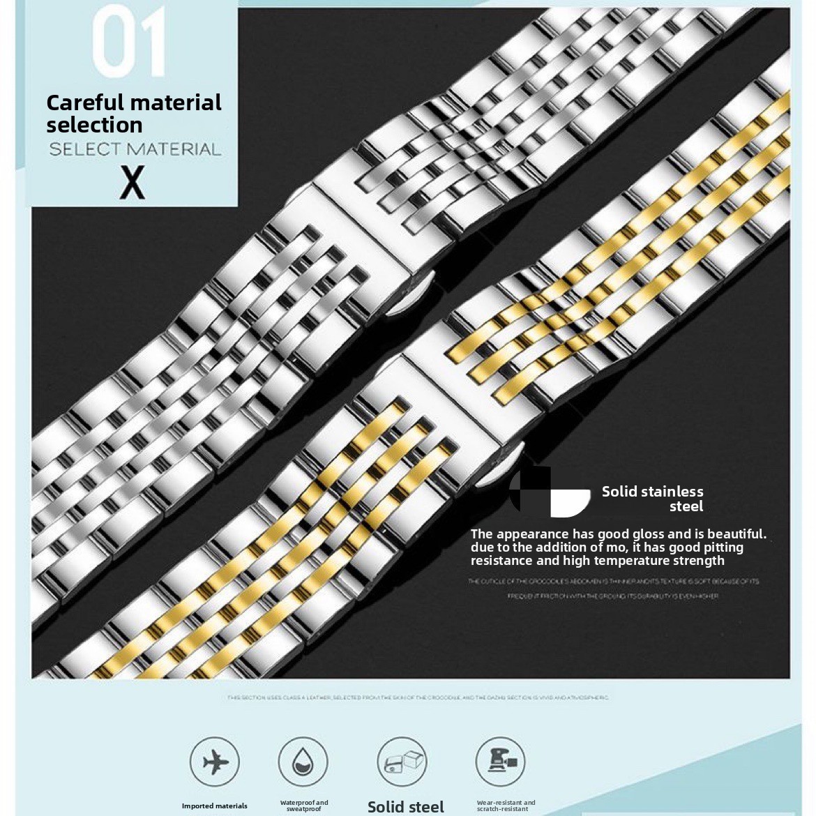Solid Stainless Steel Watch Band Strap Butterfly Clasp Bracelet 12-22mm with Arc