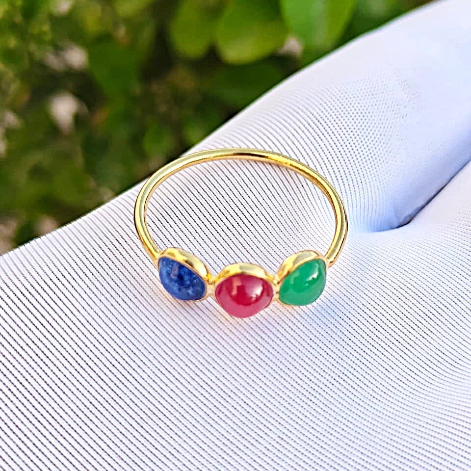 Blue Sapphire, Ruby, Emerald Gemstone Handmade 925 Solid Silver Gold Plated Ring