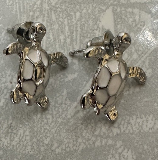 (3) Three Pair Teal & White Sea Turtle Stud Earrings