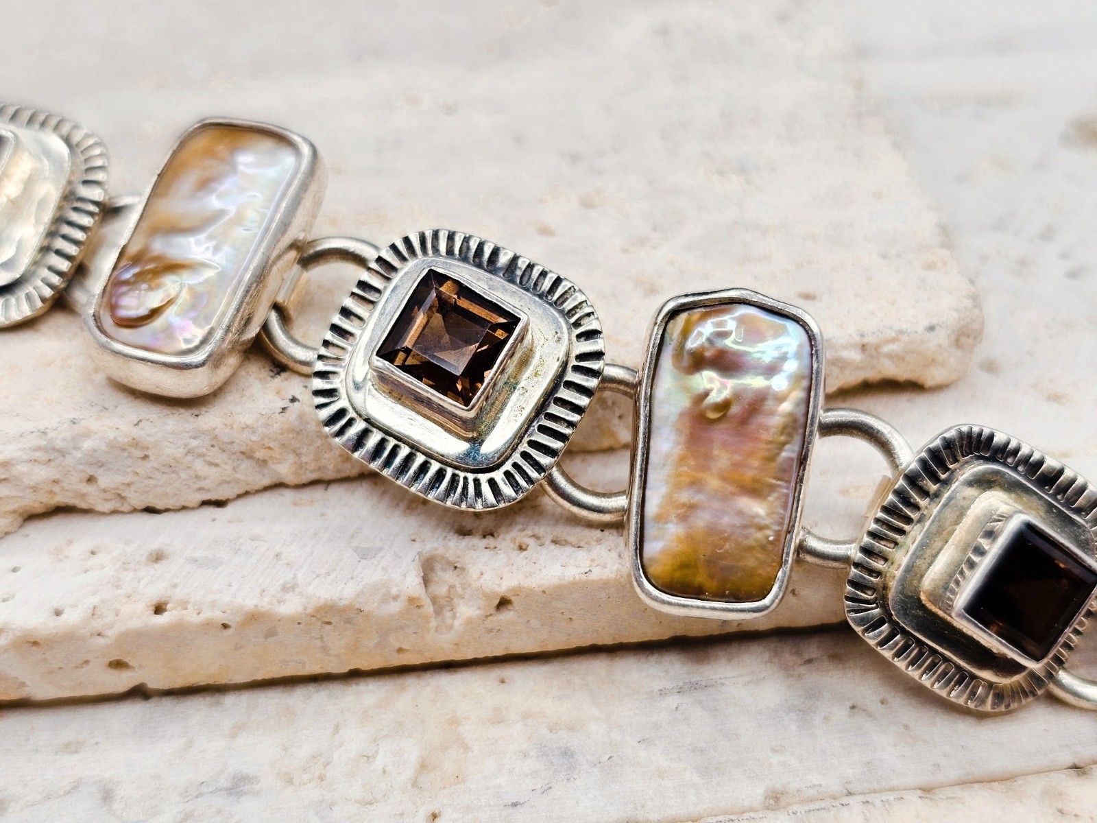 RETIRED Piece! Echo Of The Dreamer Sterling MOP Topaz Link BRACELET