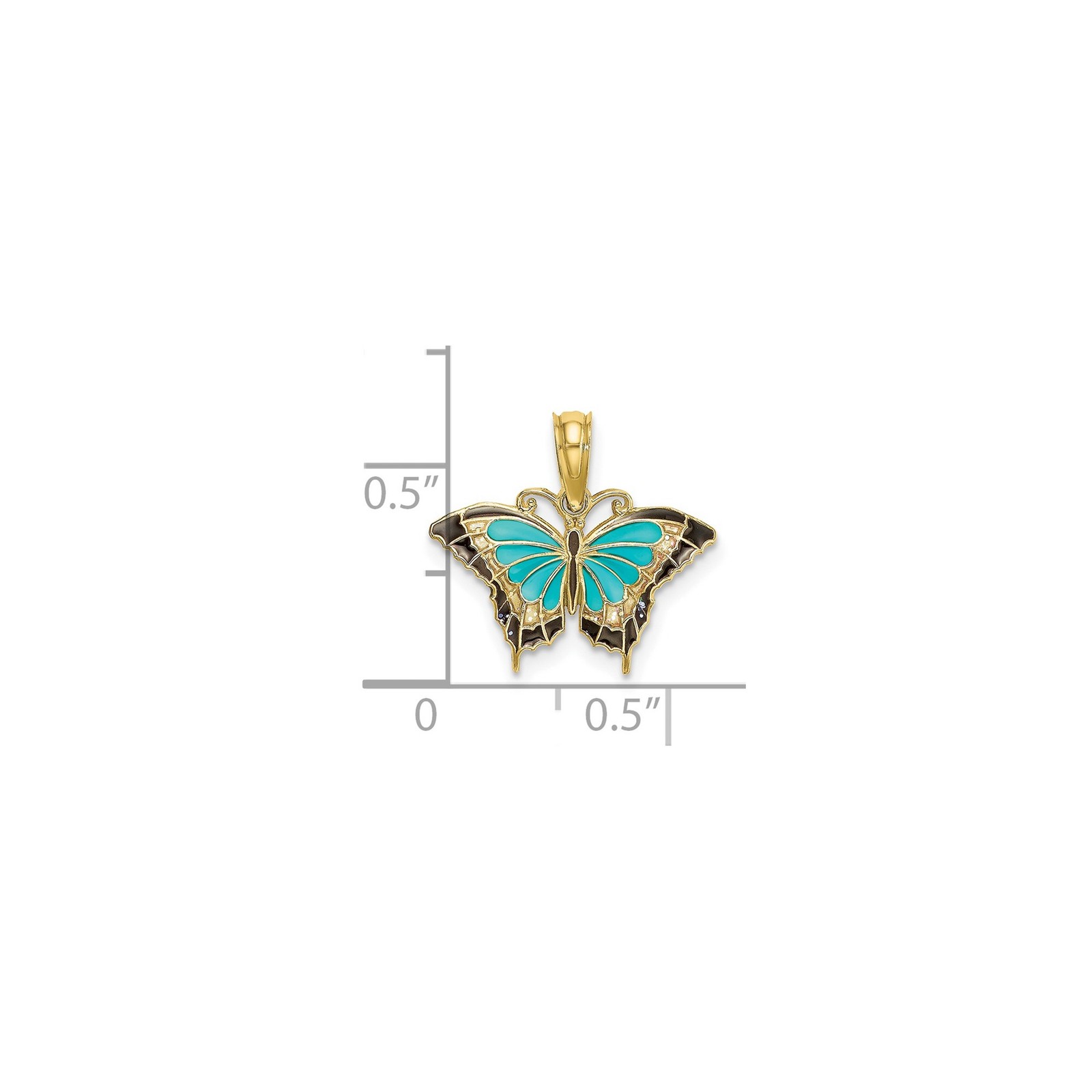 10K Yellow Gold Solid Butterfly Pendant Charm with Turquoise Black Enamel