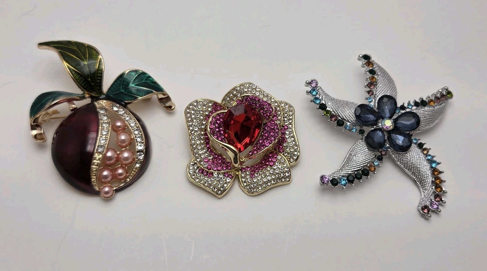 Jewel Tone Brooch & Pendant Set – Purple Fruit, Blue Starfish, Red Rose Trio
