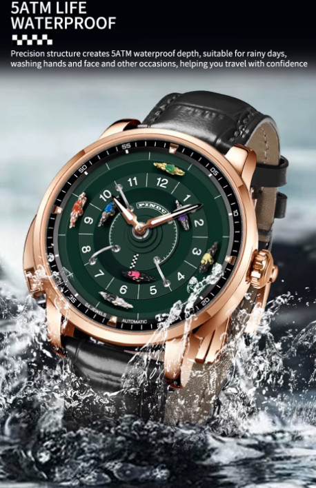 PINDU Men’s Automatic Watch Horse Racing Track Rotating 46mm Watch Gold Case