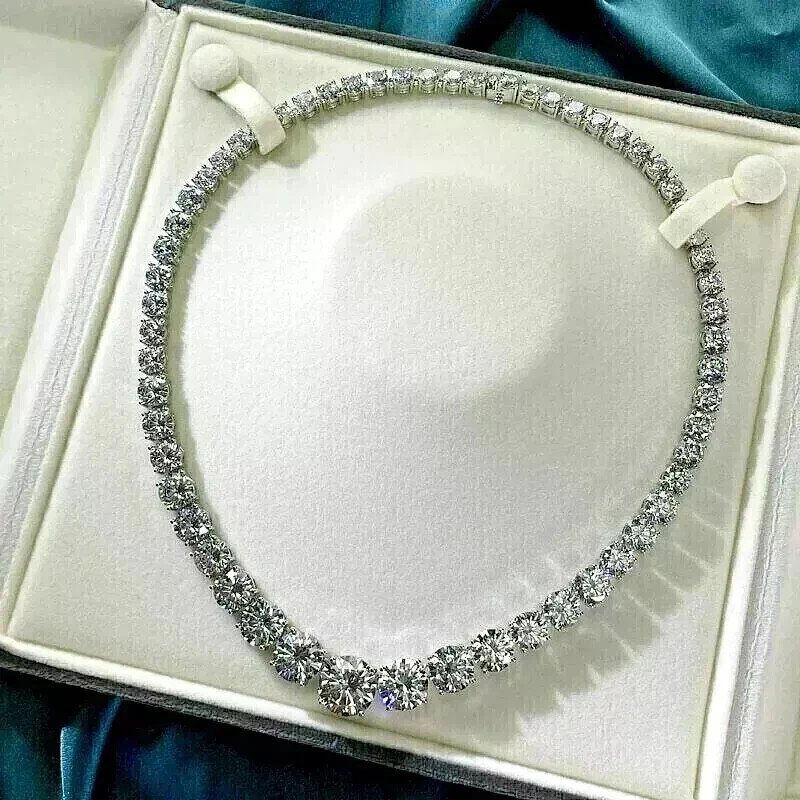 9.65 Ct Round Cut Beautiful Moissanite Tennis Necklace 14K White Gold Plated.