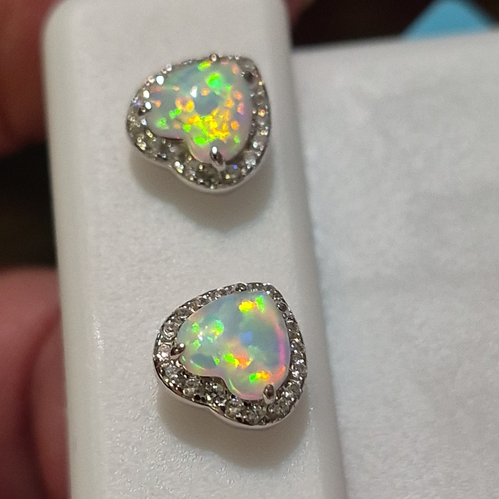 925 Sterling Silver Heart White Opal Stud Earrings 1.82 CTW 6mm Size. Push Backs