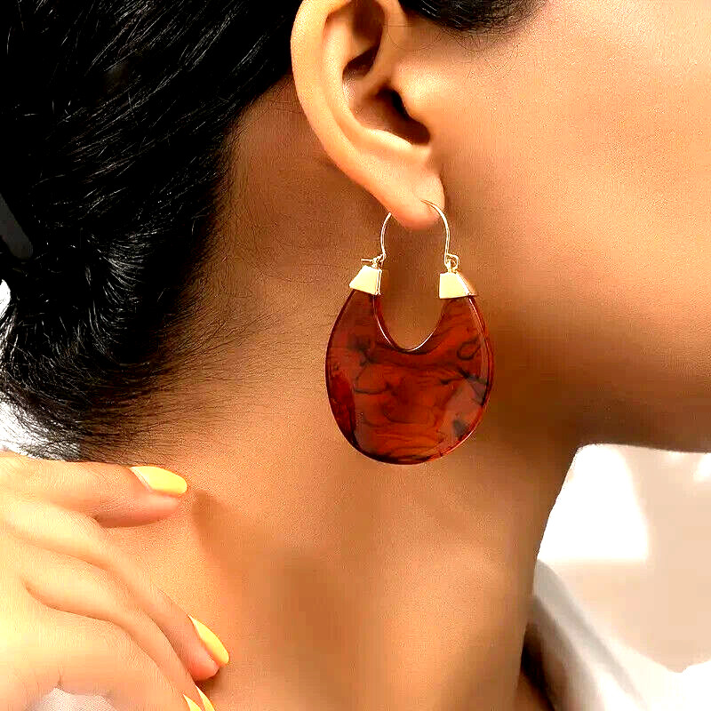 Vintage Bohemian Unique Brown Resin Plate Design Hoop Jewelry Gift Women