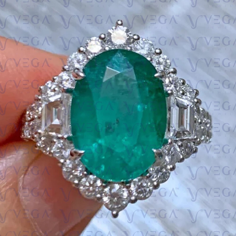 7.90ct Oval Cut Natural Emerald & Diamond Engagement Ring 18K White Gold Plated