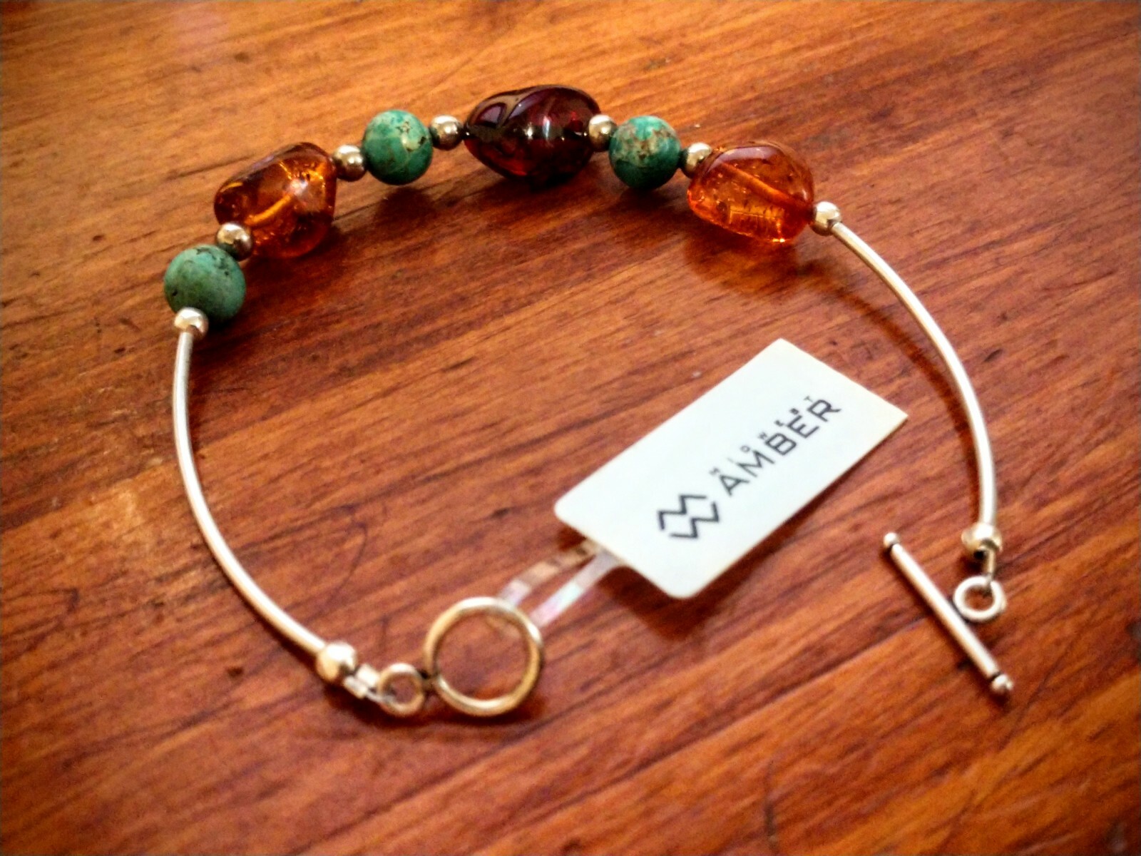 Sterling Silver~AMBER from Poland Casual & Pretty Bracelet Amber & Green Beads ~