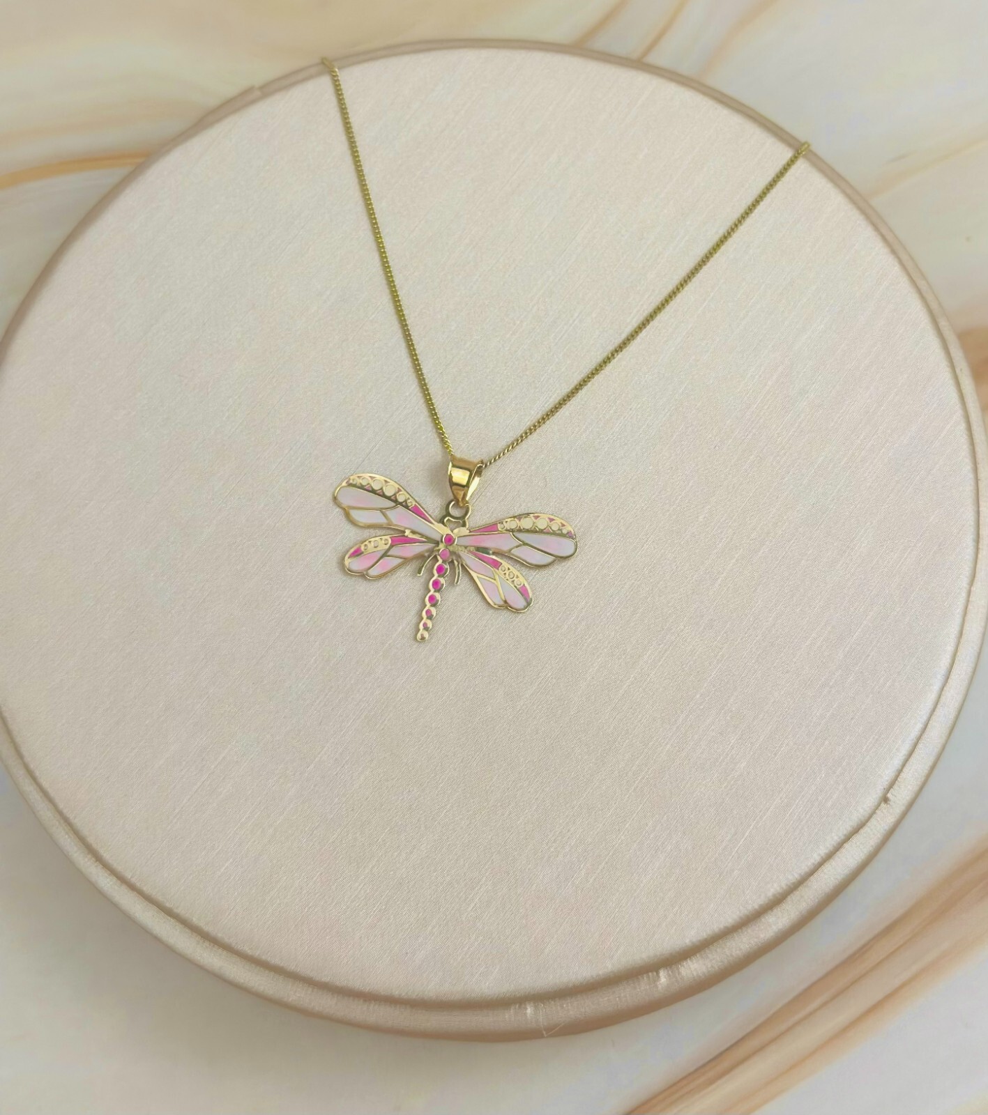 14K Solid Gold Pink Dragonfly Pendant Insect, Animal Necklace Hand-Painted Italy