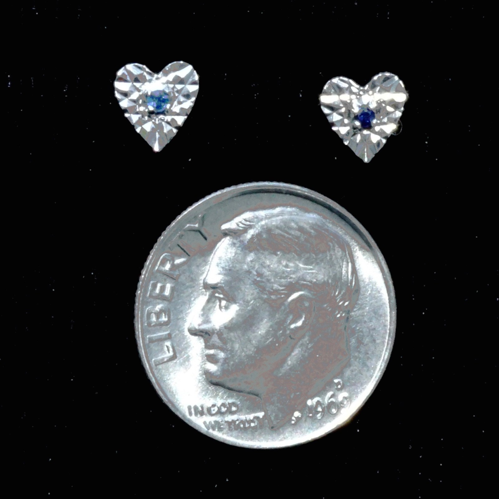 14K Solid White Gold Blue Sapphire Heart Earring, Natural Gem, Stud Push Back