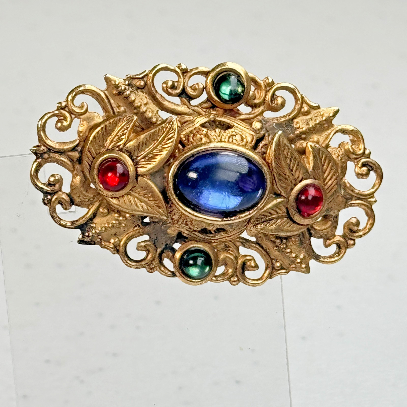 Vintage Brooch Blue Red Green jewel tone Gold Tone Ornate Floral Filigree mcm