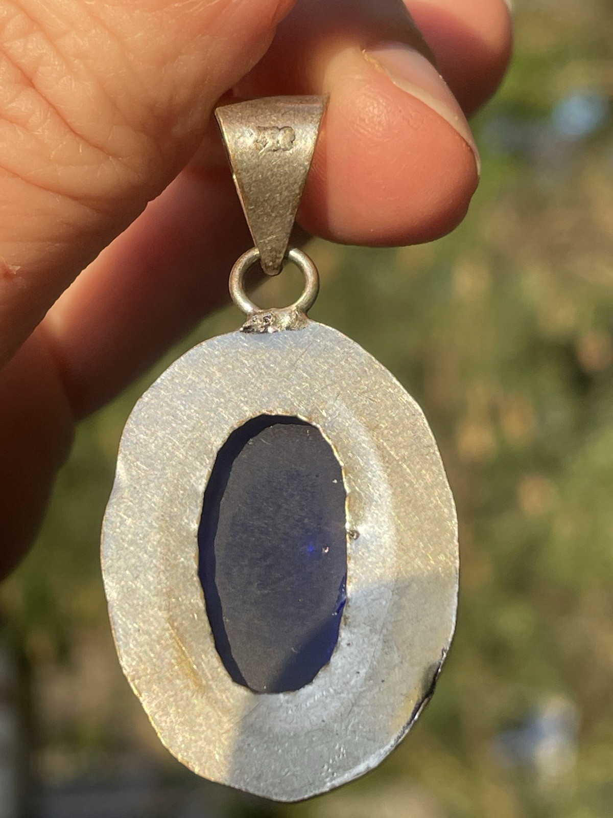 Sterling Silver 925 Cobalt Blue Glass? Cabochon Oval Pendant Vintage Style Boho