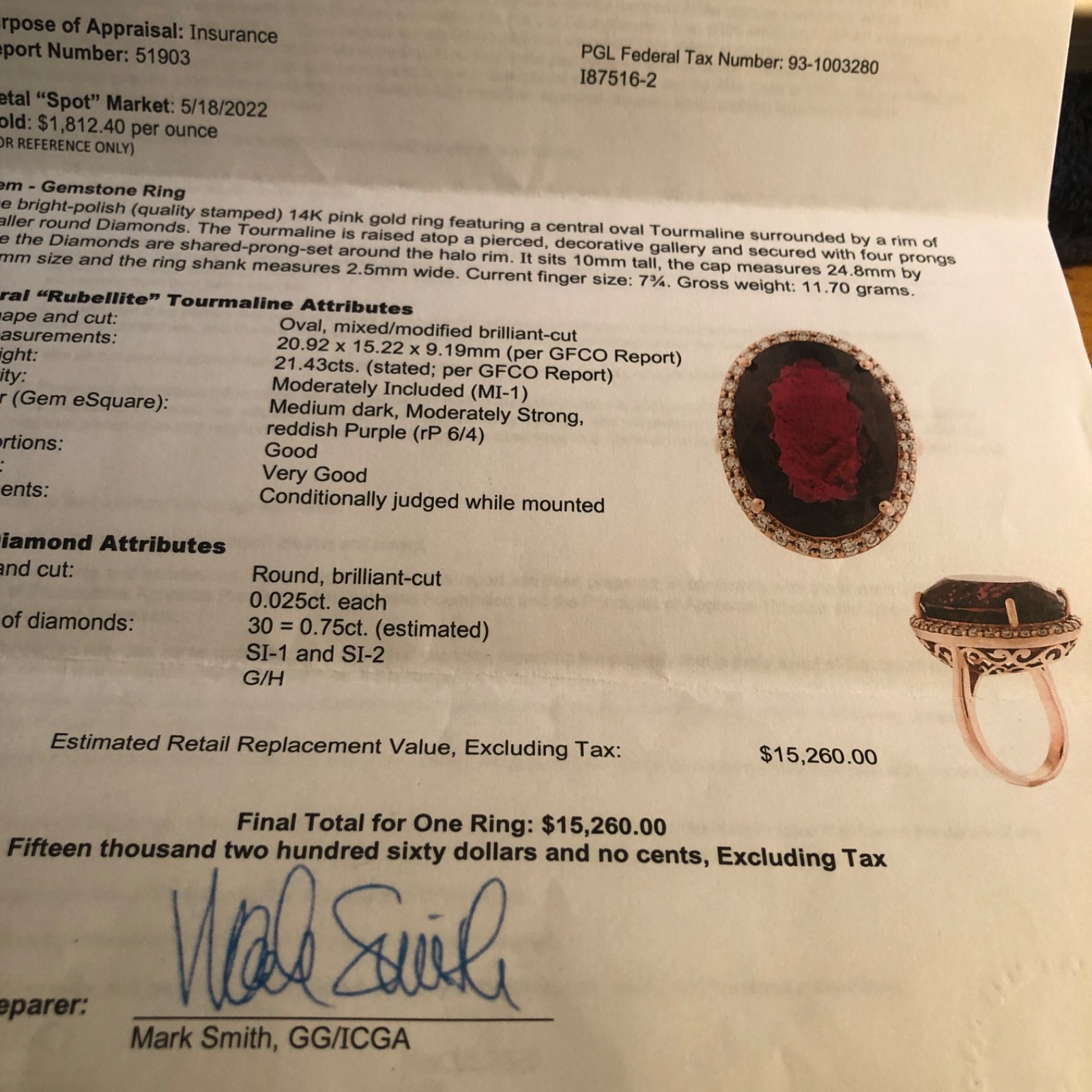 14K Pink Gold Large 21.43 ct. Rubellite Ring Diamond Halo .75 ct . T.W.11.70 grm