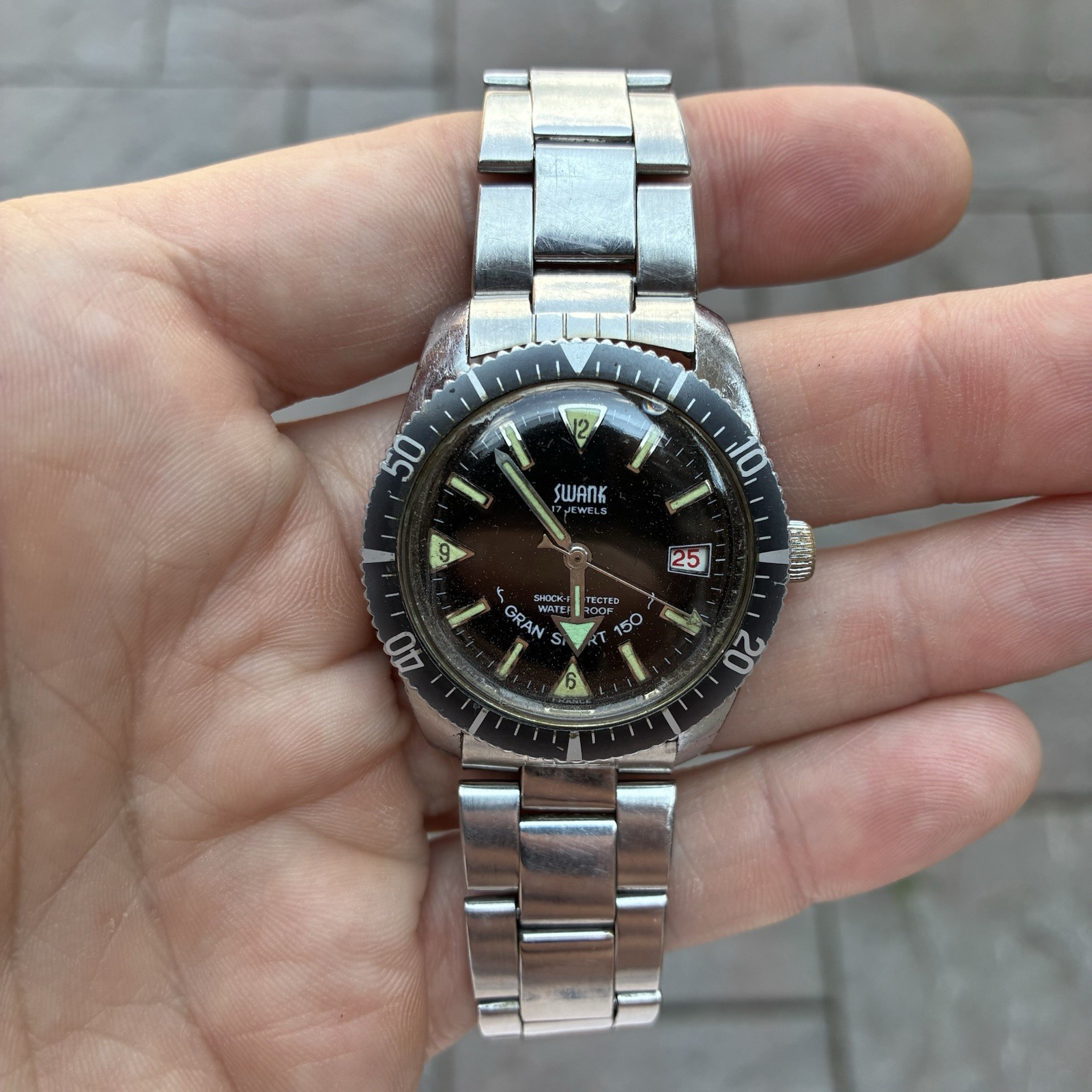 Vintage Swank Gran Sport 150 Watch French Diver Black Dial Skin Dive