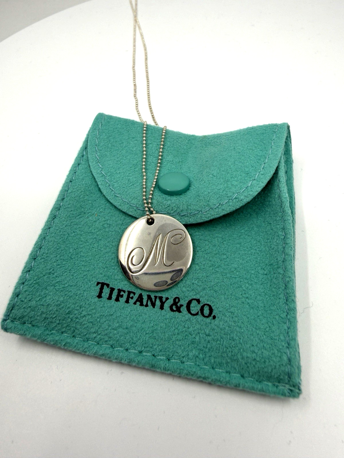 925 Tiffany & Co. Initial “M” Disc Pendant Beaded Necklace 18 Inches 6.3 grams