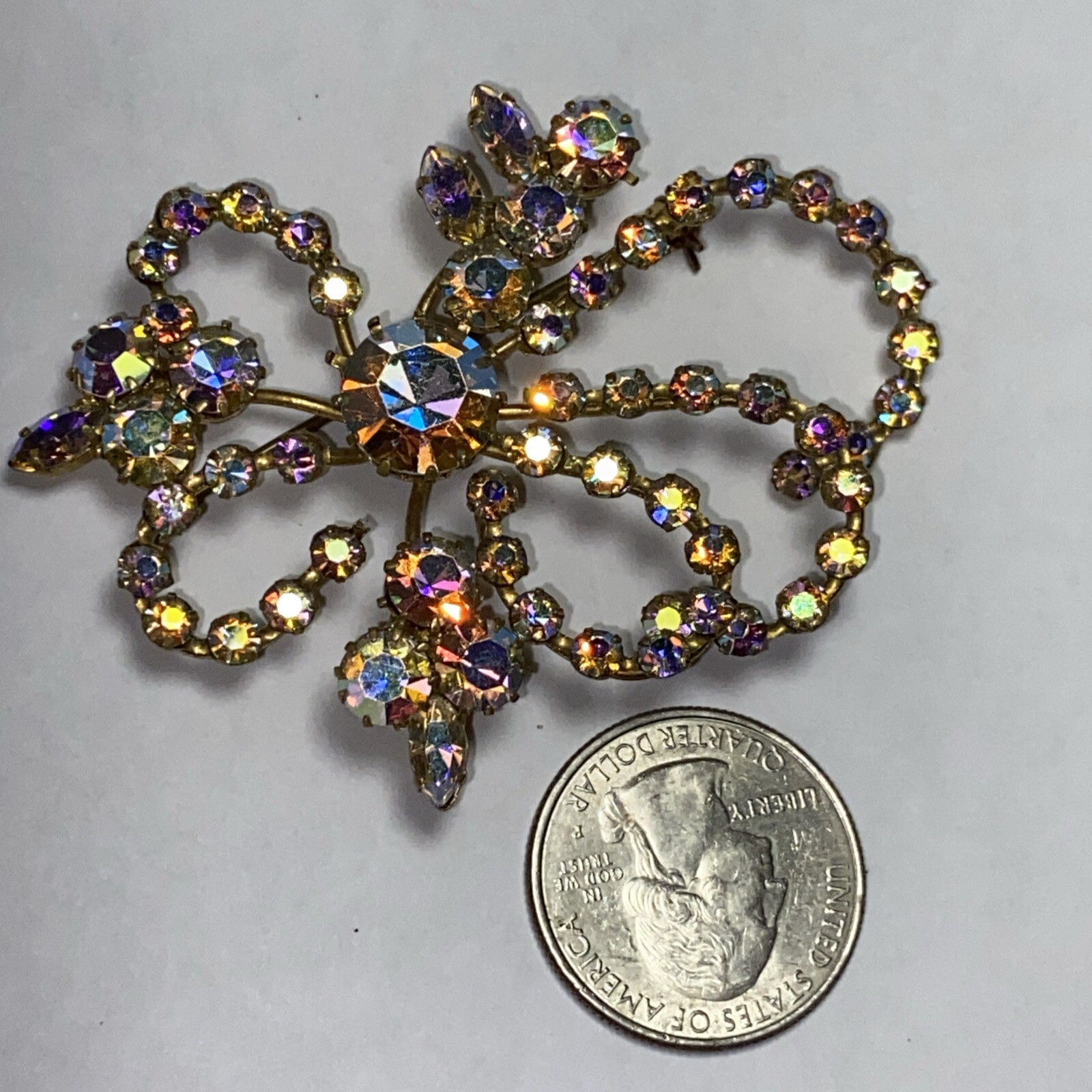 Brooch Pin Austrian Big Aurora Borealis Vintage Beauty 2.75” Colors Signed