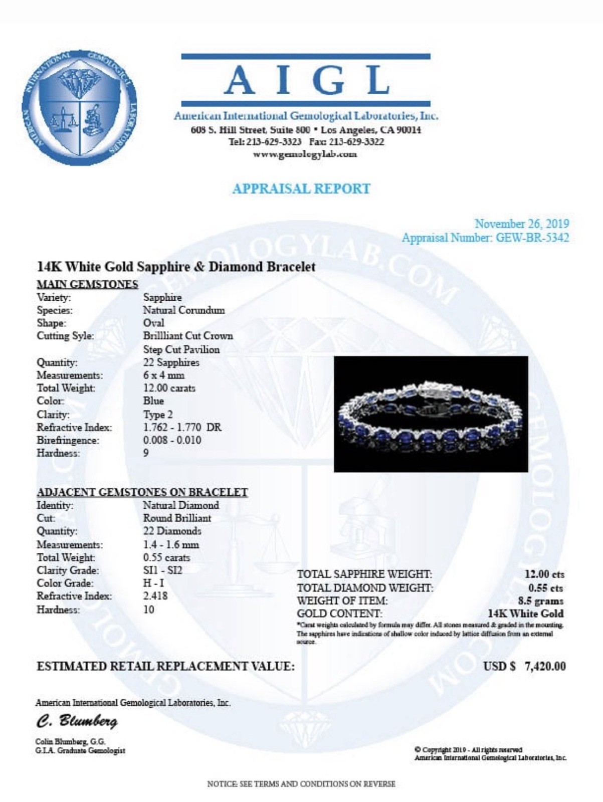 14K White Gold Blue Oval Sapphire & Diamond Tennis Bracelet Box Closure AIGL