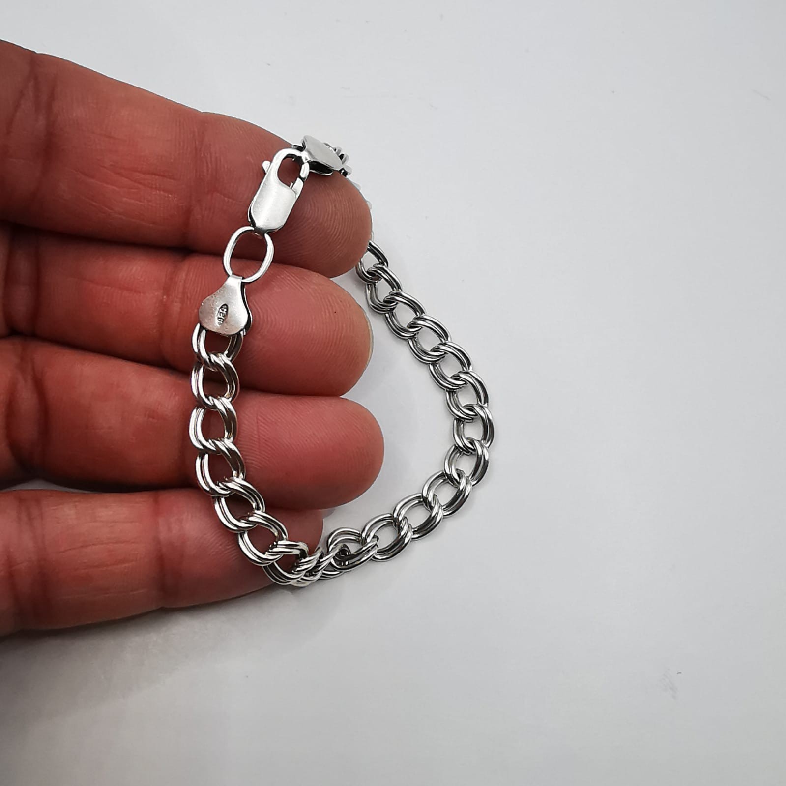 925 Sterling Silver Double Link Curb Charm Chain Bracelet 9.84g Lobster Clasp