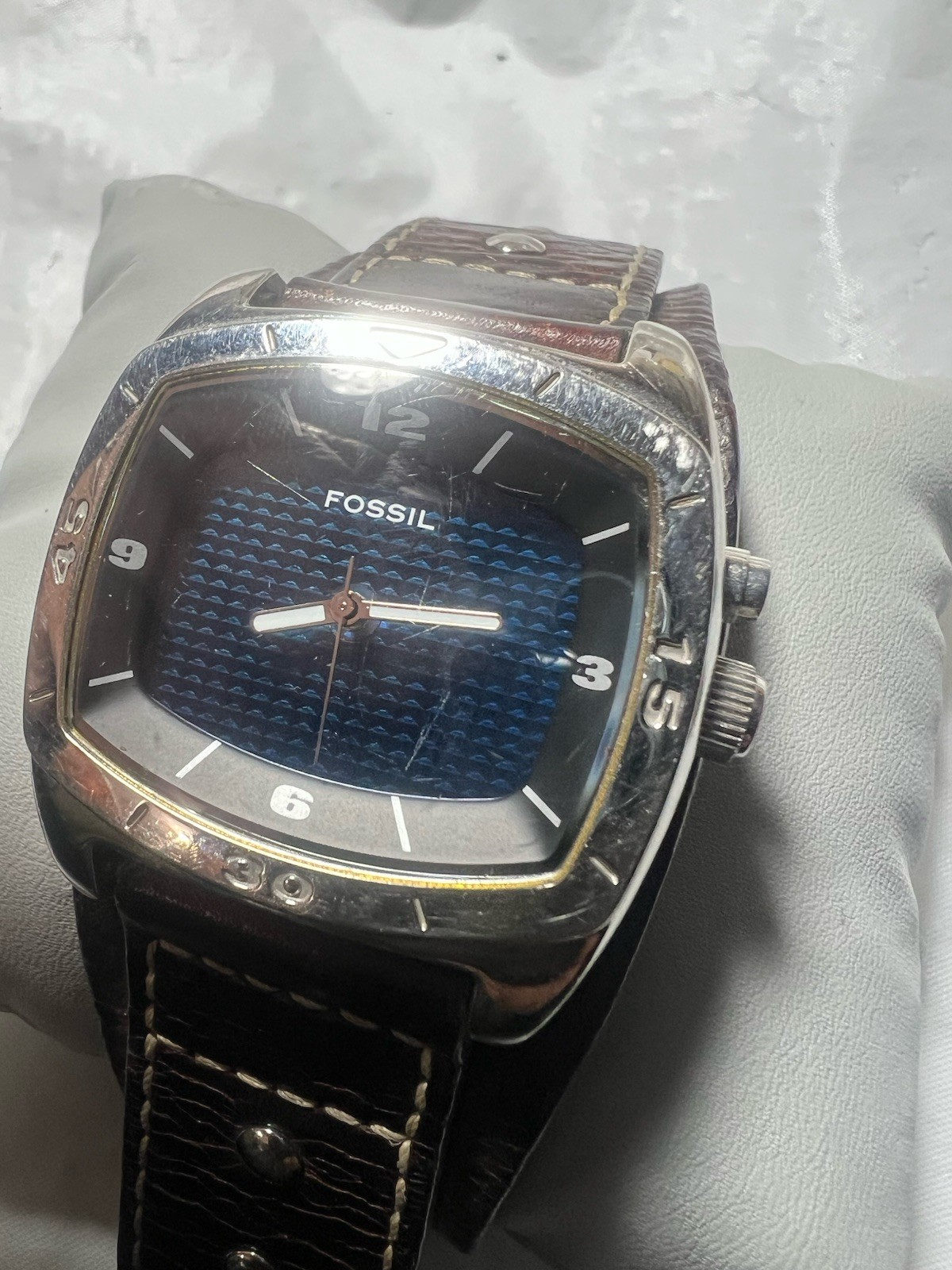fossil big tic Men’s AM3695,Kaleido Watch,BLUE/Mirror Dial, Brown Leather Band,