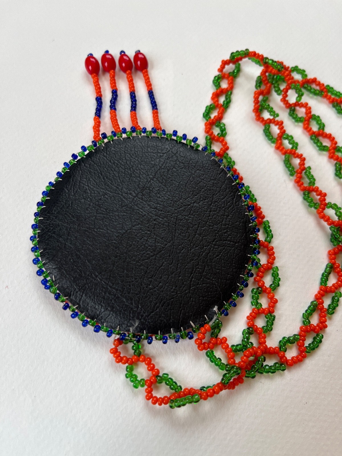 Orange & Green Beaded Chain w Large Blue Yellow Orange Bead Southwest Medallion
