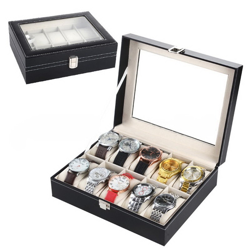 NEW 10 Compartments High-grade PU Leather Watch Collection Storage Box Black
