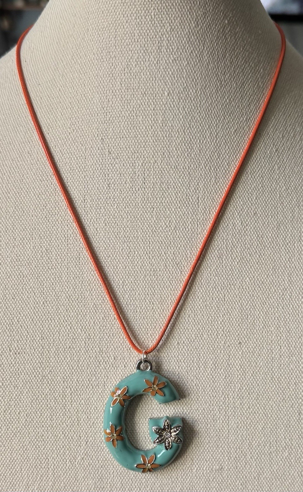 Vintage Floral Orange & Turquoise Enamel Letter G Pendant Leather Cord Necklace