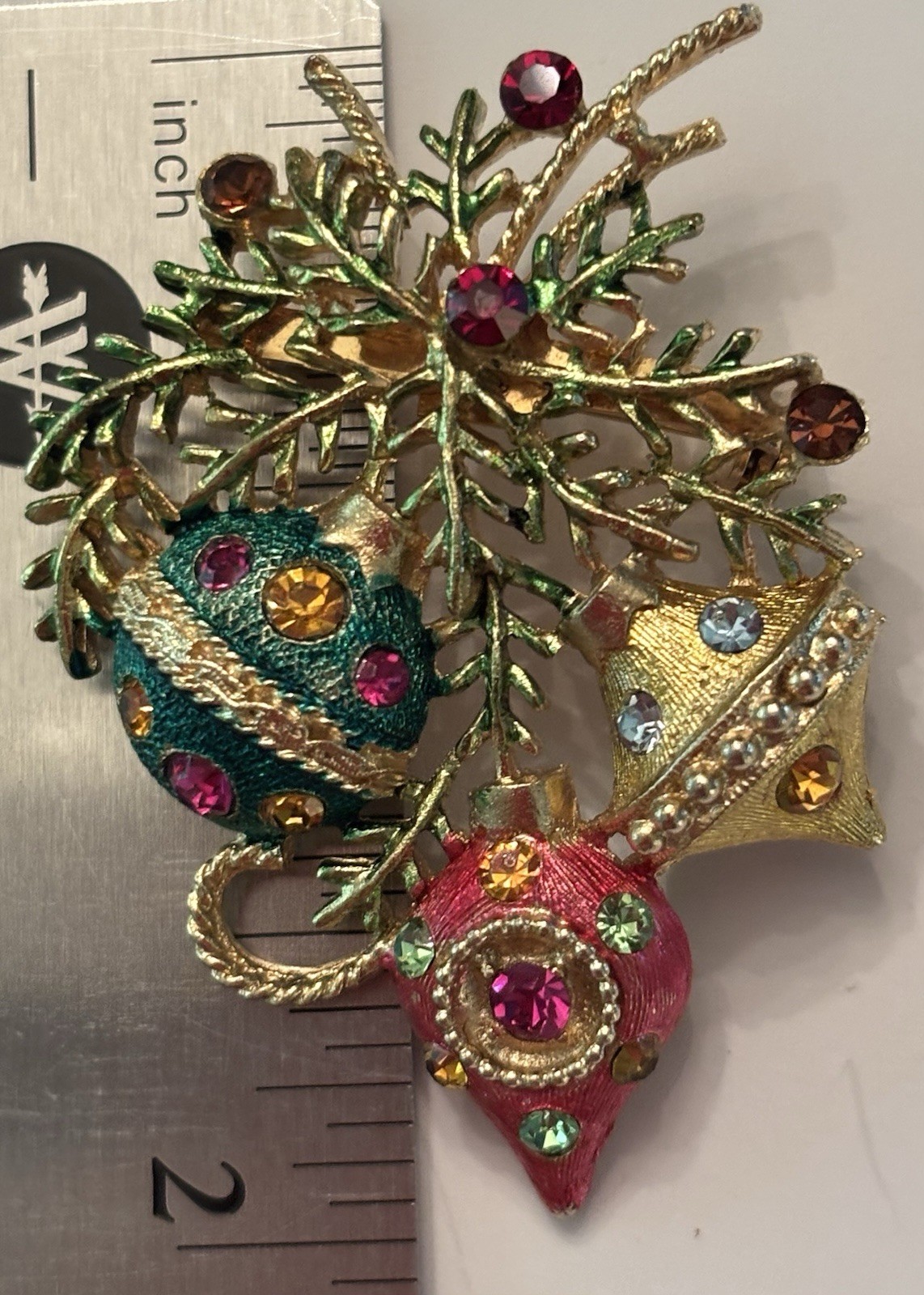 Vintage Christmas Ornament Brooch Rhinestone Enamel Holiday Tree Branch Pin 2”