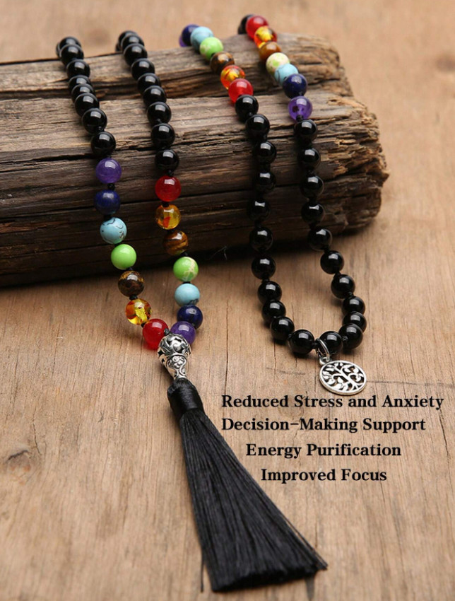 108 Bead Mala Onyx, Tigers Eye, Lapis & Tassel Necklace – 24″ *NEW*