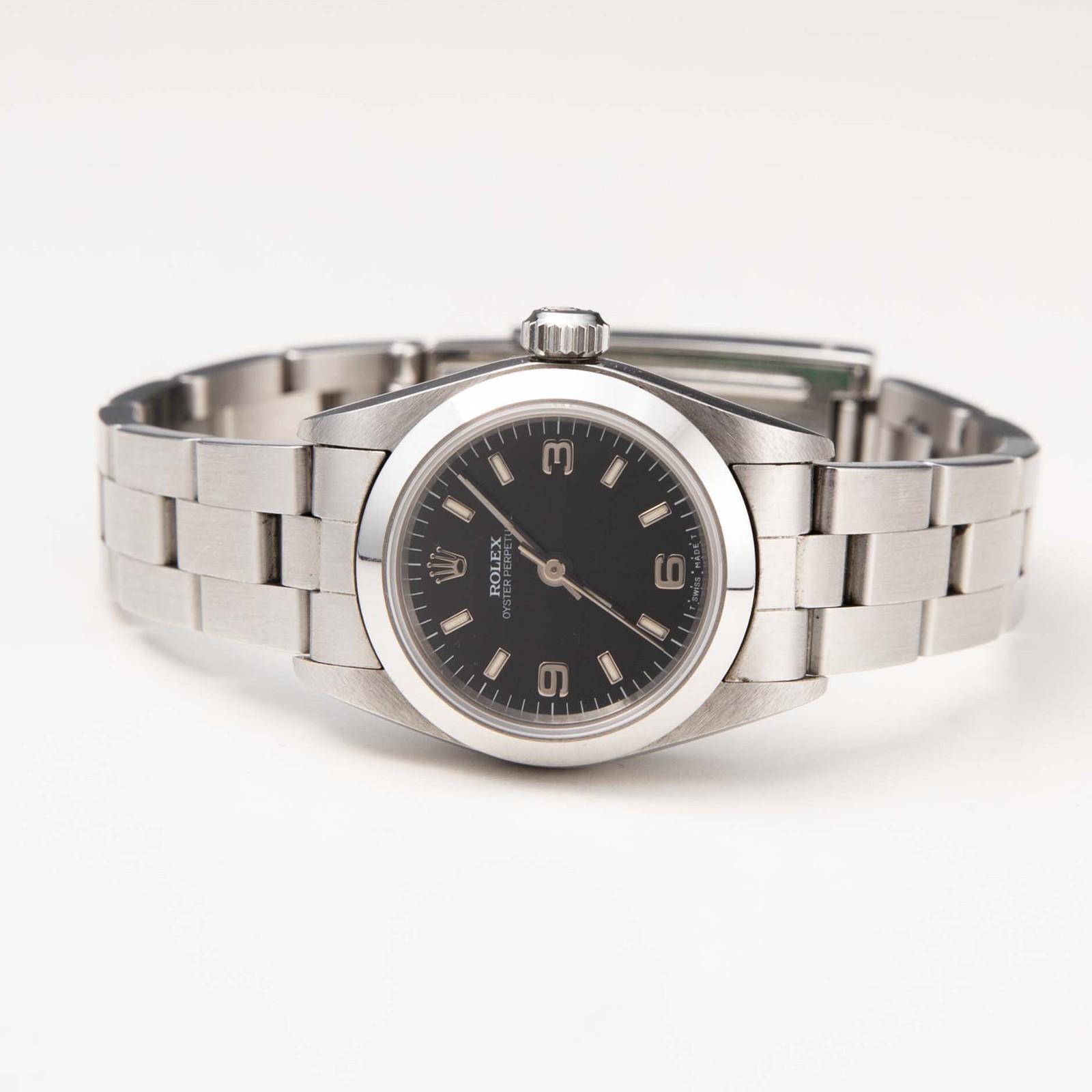Rolex Ladies 26mm Oyster Perpetual 67180 Black Dial, Box & Paper