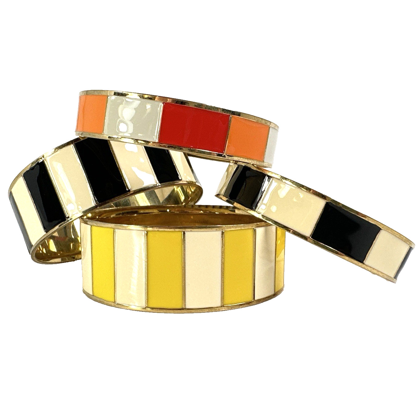 J Crew Lot 4 Gold Tone Bangle Bracelets Striped Enamel Black Yellow Orange Red