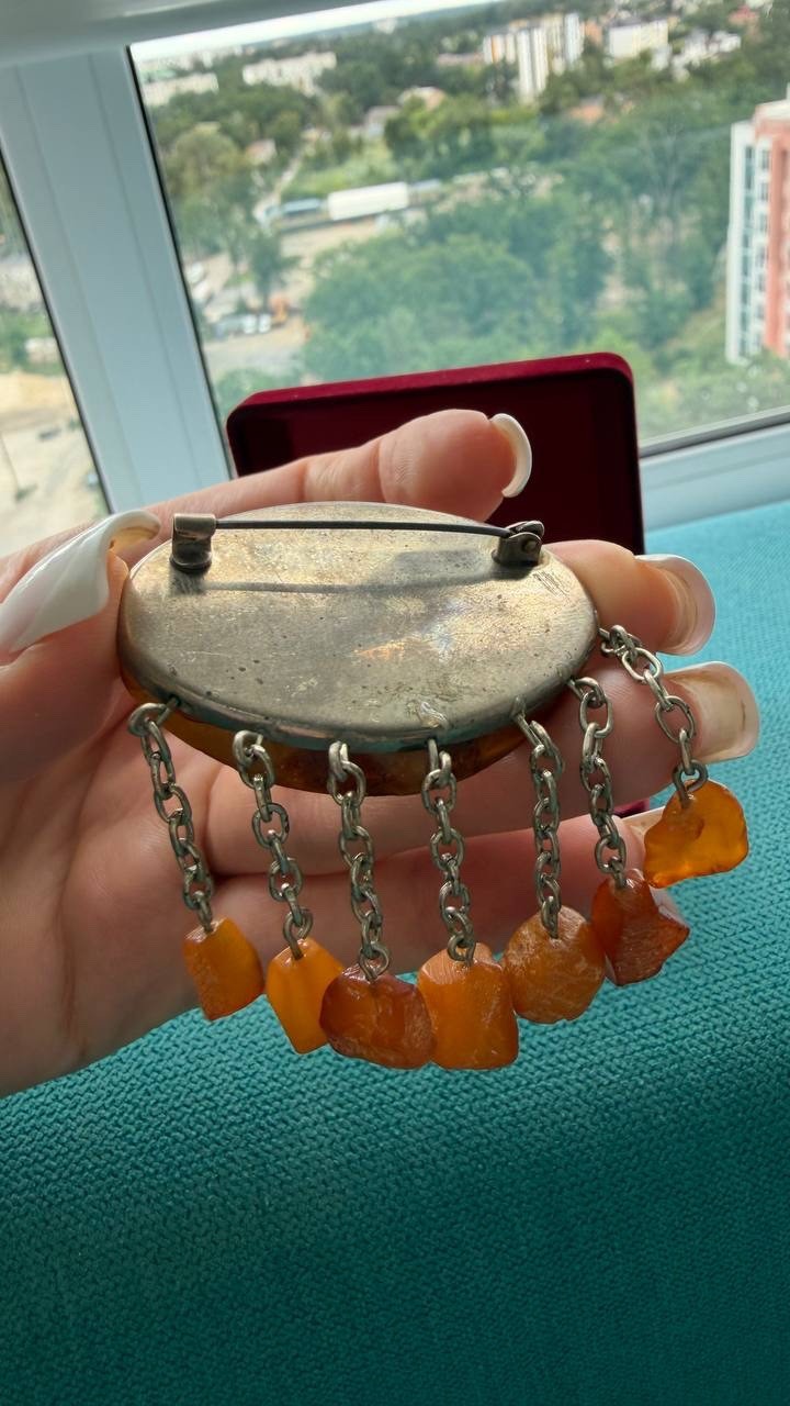 Vintage USSR Baltic Amber Mosaic Brooch Dangle Natural Amber 22g Rare