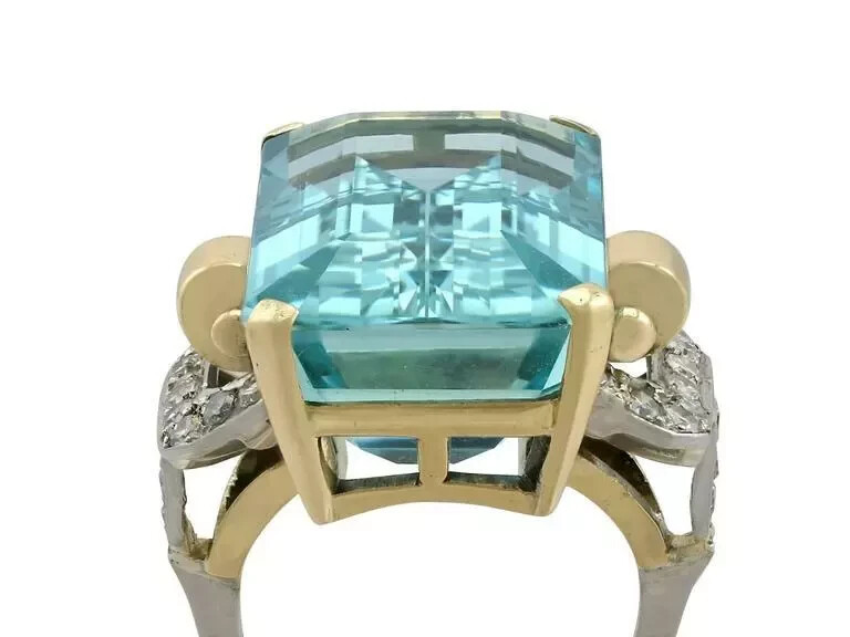 Two-toned late century style 30.21 CT aquamarine & CZ Ring 925 Sterling silver