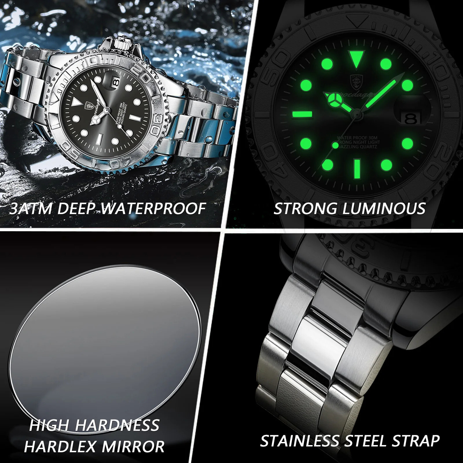 POEDAGAR Men Business Watch Waterproof Stainless Steel Date Luminous Waterproof