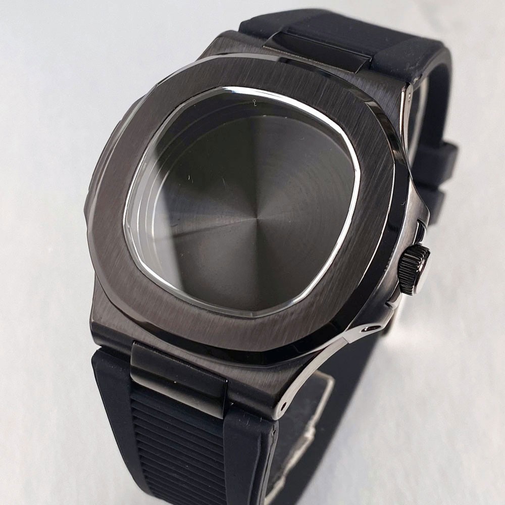 Retro Black Nautilus 40mm Watch Case Sapphire Glass 10ATM For NH35 NH36 Rubber