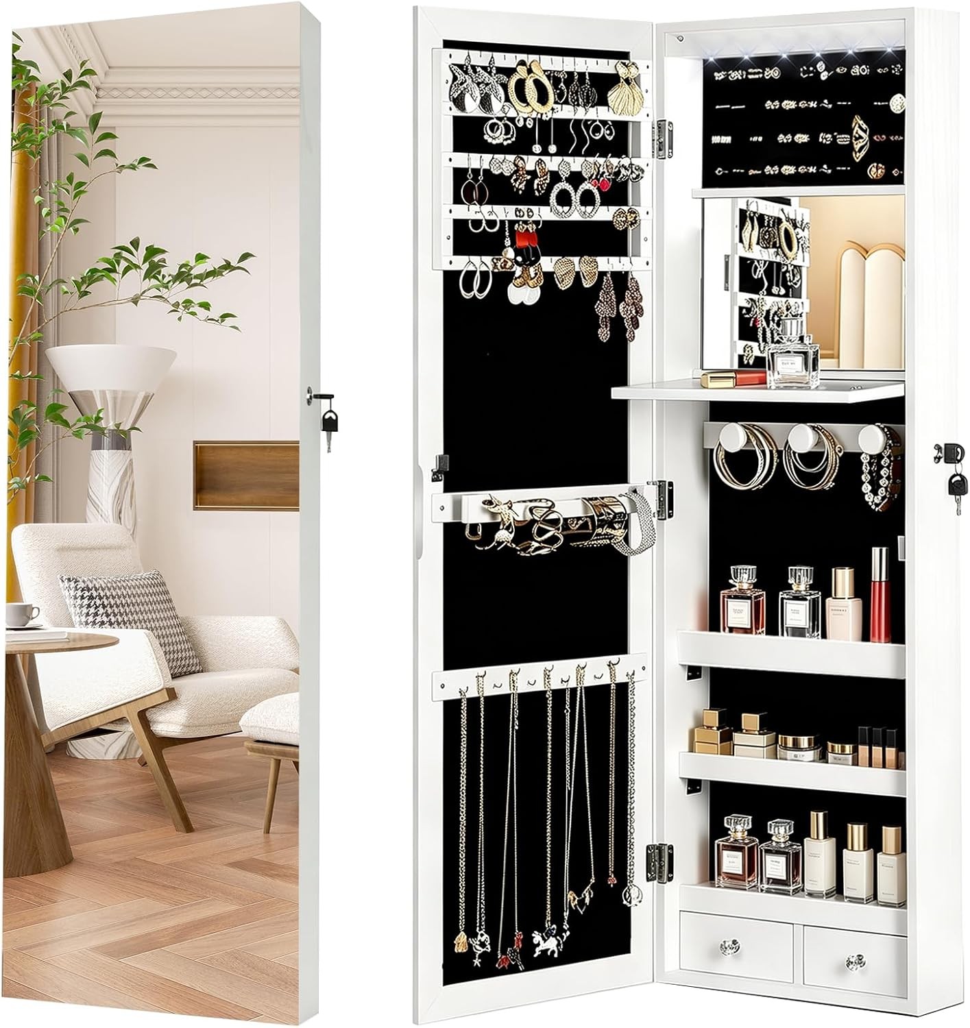 Lockable Jewelry Cabinet Organizer W/ Full Length Mirror 6 Auto LED Lights Wall