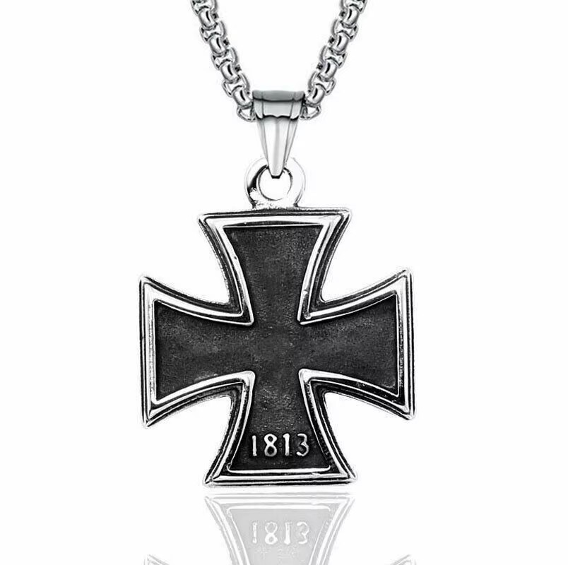 Mens Stainless Steel 1813 1949 WW2 German Iron Cross Pendant 60cm Necklace