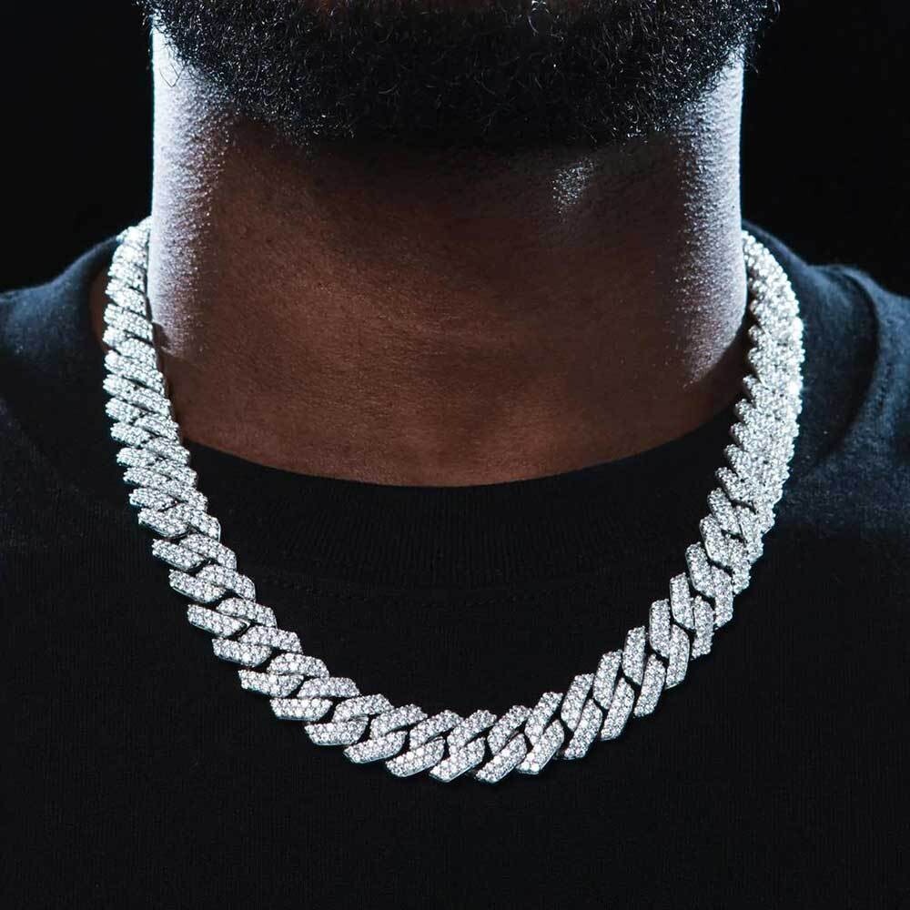 White Gold Plated Full Iced CZ Out Stainless Steel Mens Cuban Link Chain 15MM
