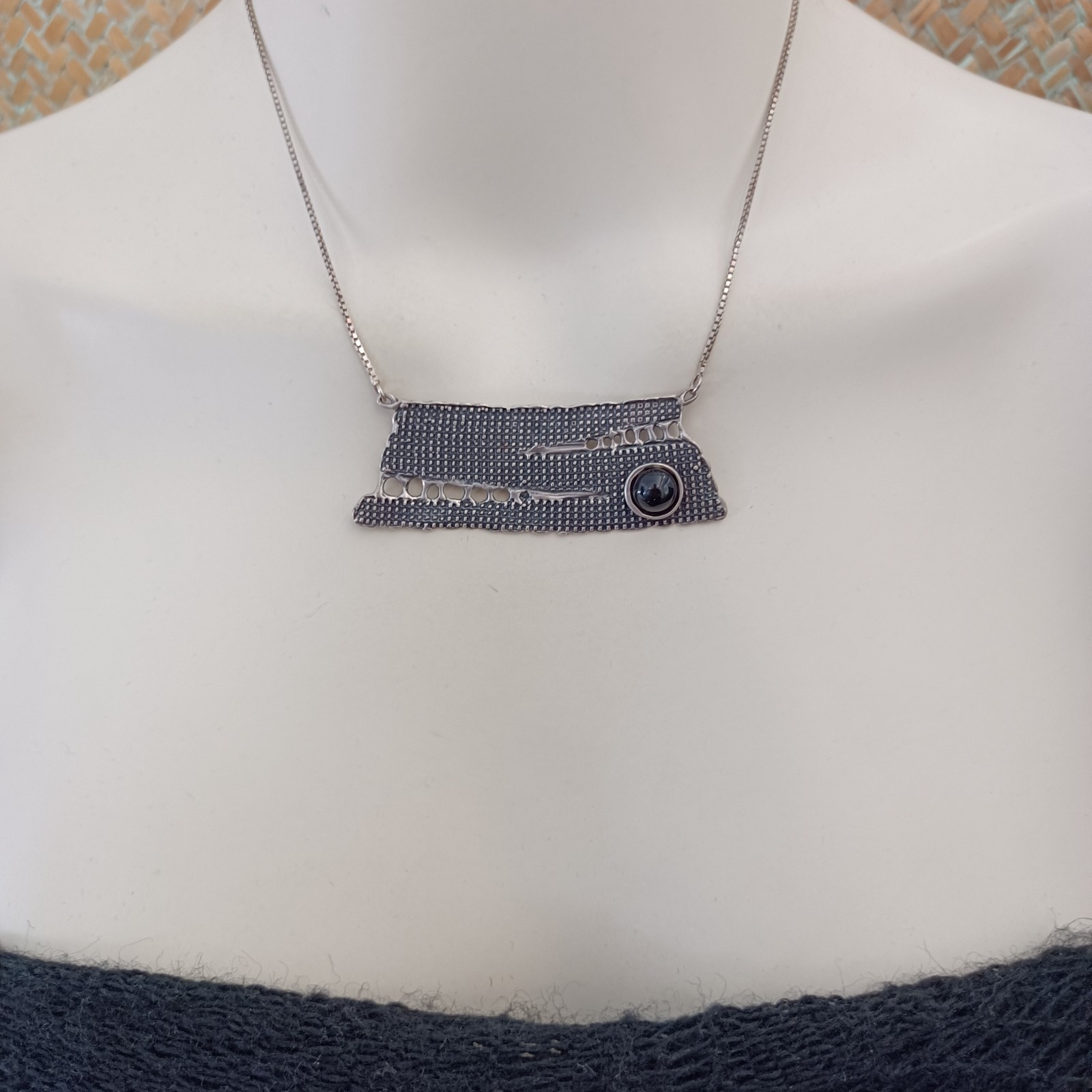 Modernist Silver Necklace Israel Artisan Onyx Abstract Expressive Studio Vintage
