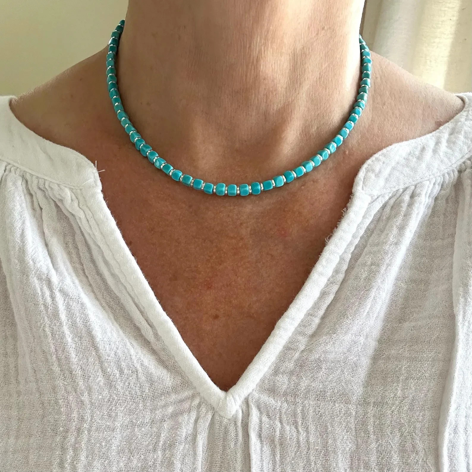 Arizona Turquoise Necklace | 4mm Square Beads, Sterling Silver Accents