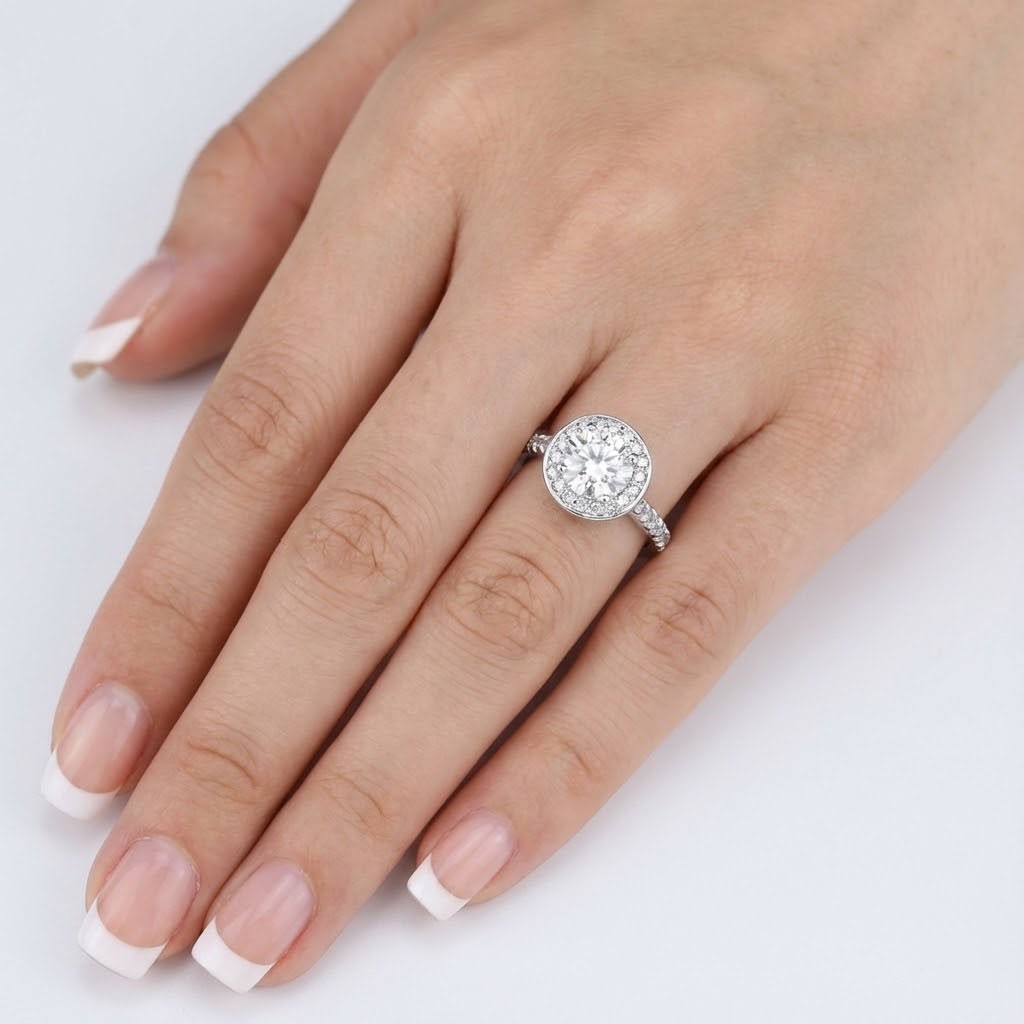 Side Stone Engagement Ring Halo 14K Gold 2.82 CT Round Lab-Grown Diamond F VS1