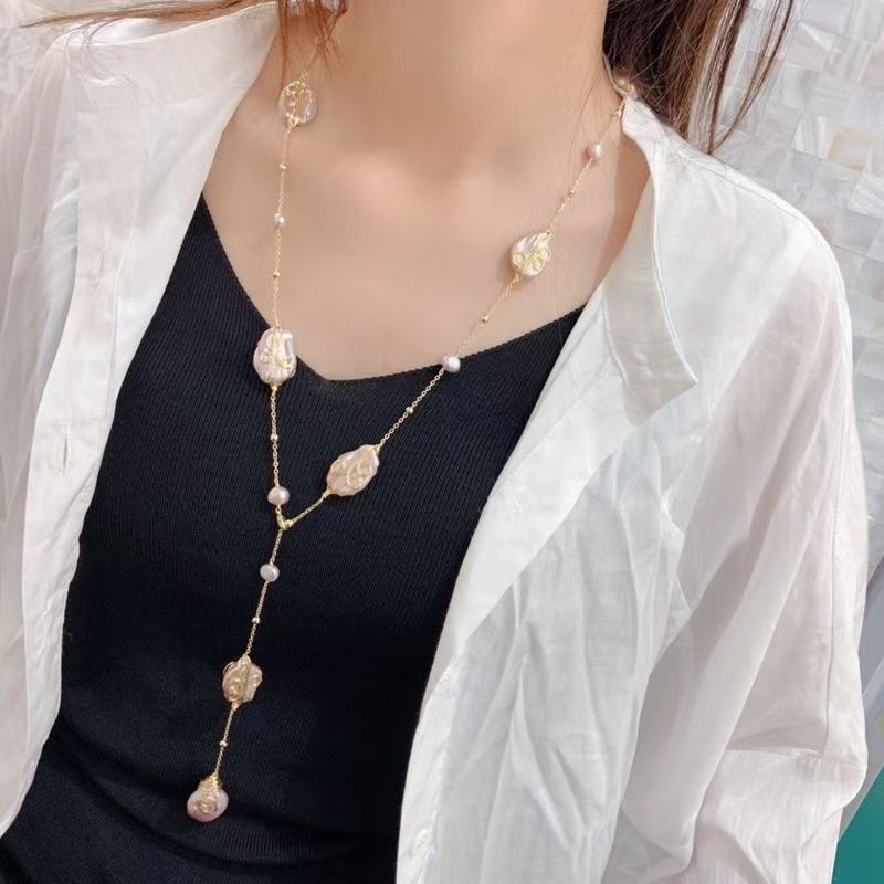 Cultured Baroque Irregular Pearl Blue Murano 14K Gold Chain Long Necklace