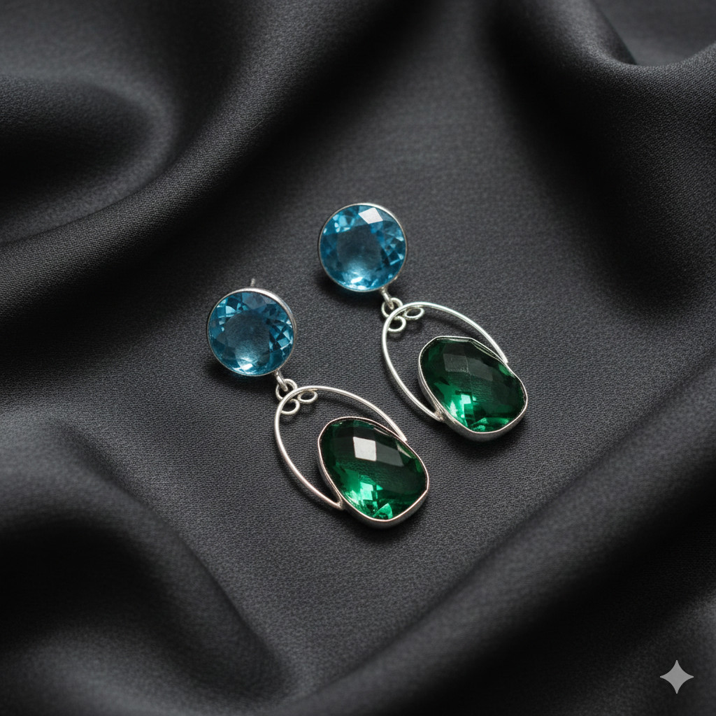 Chrome Diopside, Swiss Blue Topaz Gemstone Ethnic Style Jewelry Earrings 1.8″