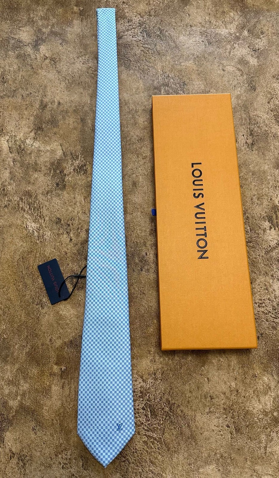 Authentic Louis Vuitton 100% Silk Micro Damier Tie Silver Blue NWT
