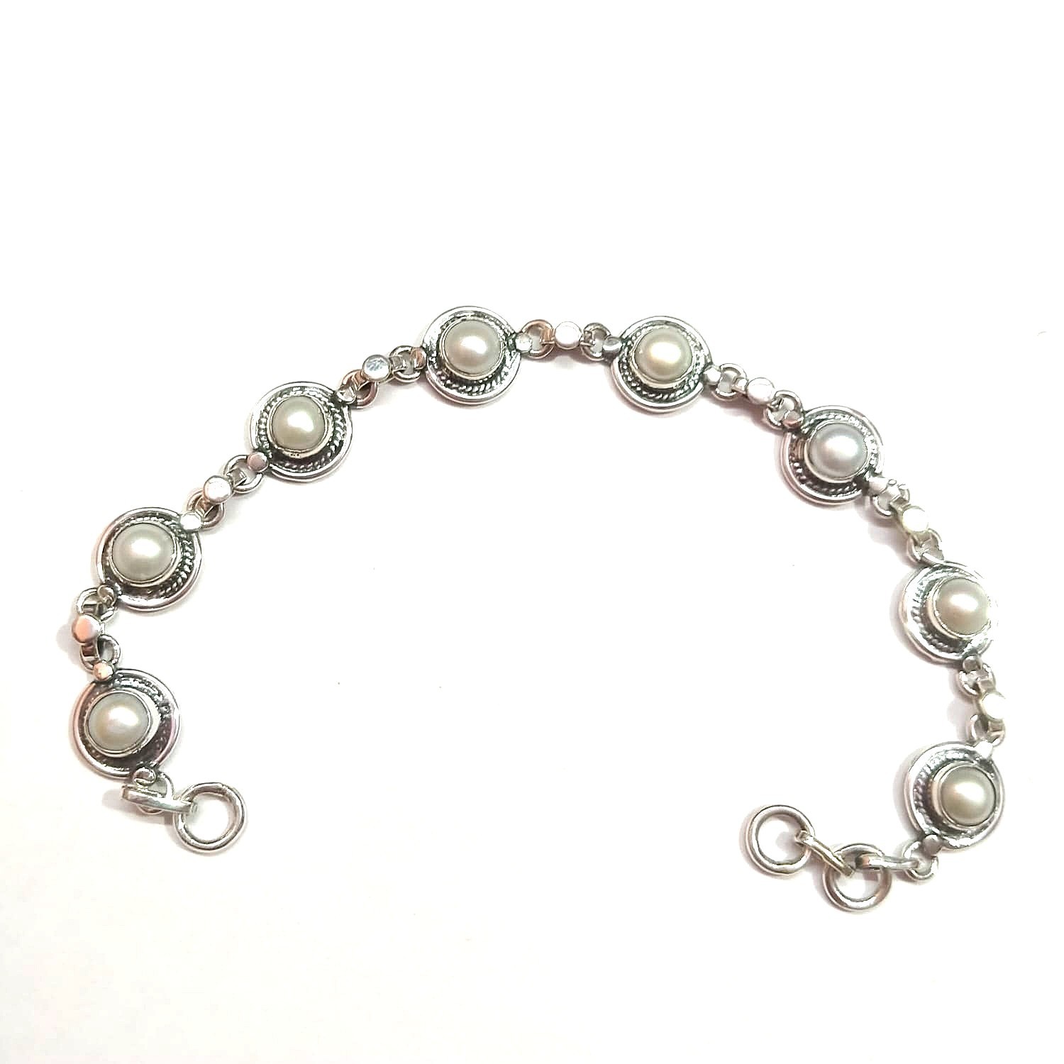 White Pearl Gemstone Handmade 925 Sterling Silver Jewelry Bracelet Sz-7-8″