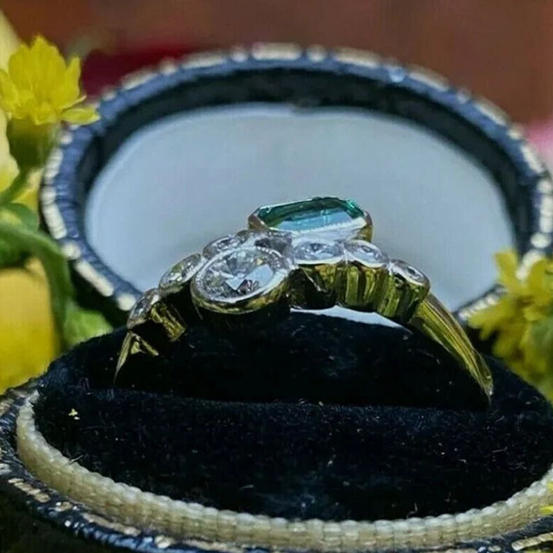 Toi Et Moi 1.50CtW Green Emerald Simulated Diamond Vintage Style 925 Silver Ring