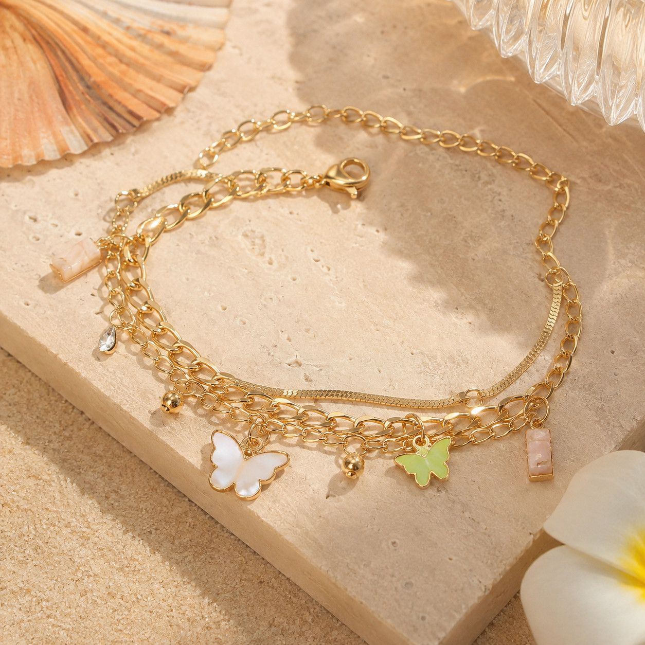 Women Layered Butterfly Anklet Gold Tone Multi Chain Charm Ankle Bracelet